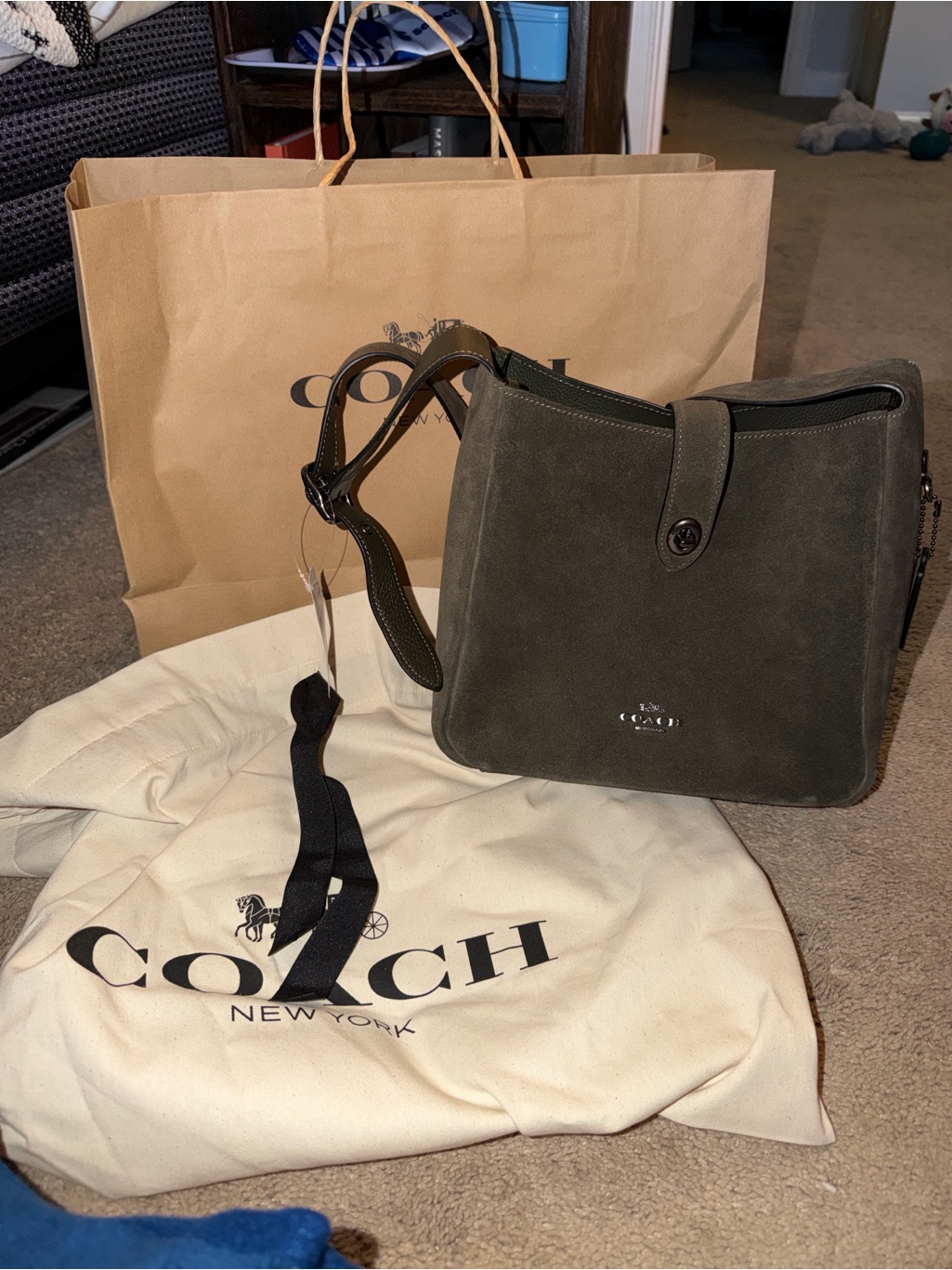 Coach Dark Green Suede Hadley Shoulder Bag - Brand New!